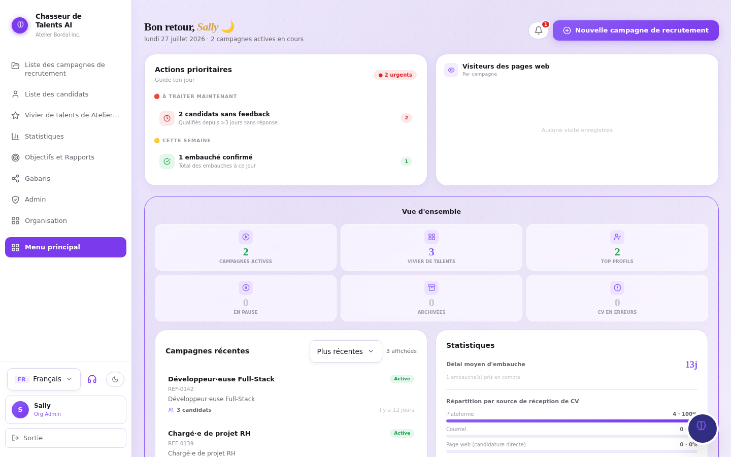 Tableau de bord Chasseur de Talents