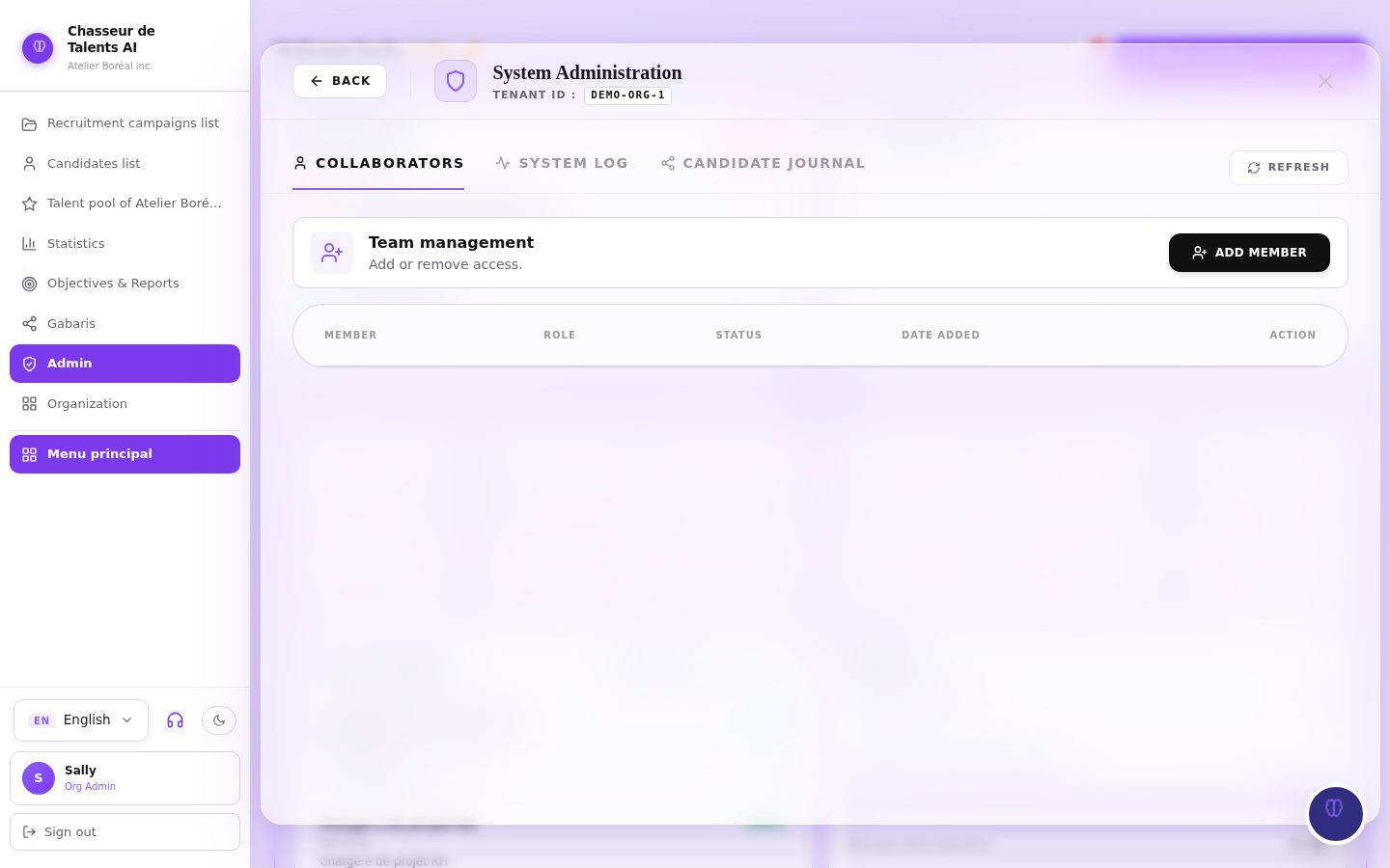 Collaborators area, with the team member list