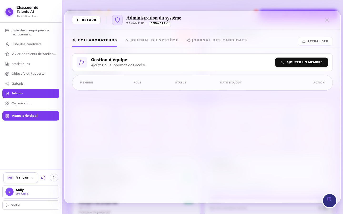 Zone des collaborateurs, avec la liste des membres de l’équipe