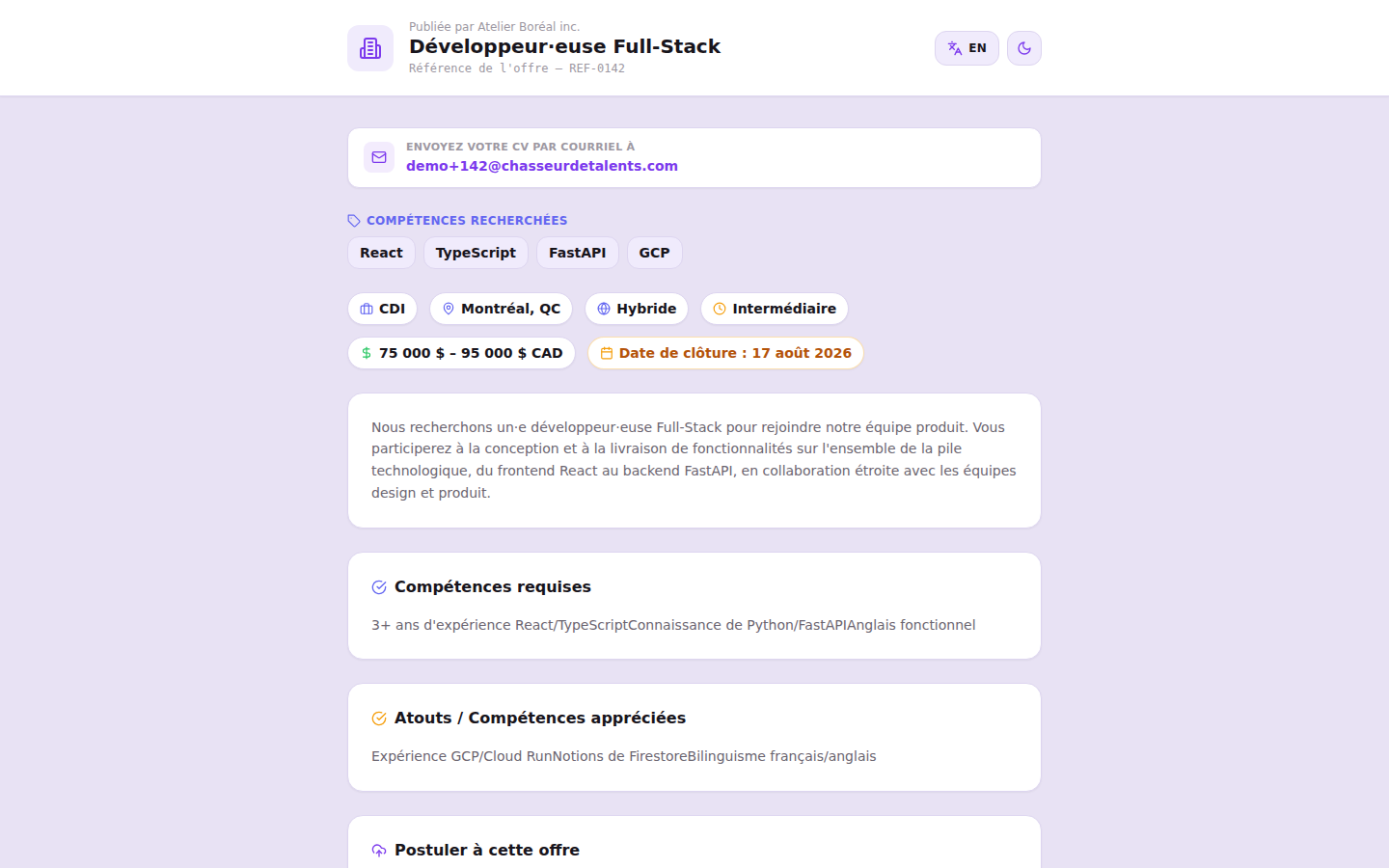 Page publique d’une offre d’emploi (accessible sans connexion)