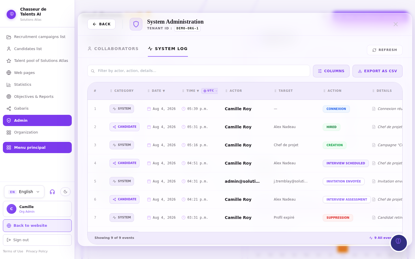 System log — every action, with numbering, sorting, customizable columns, and export