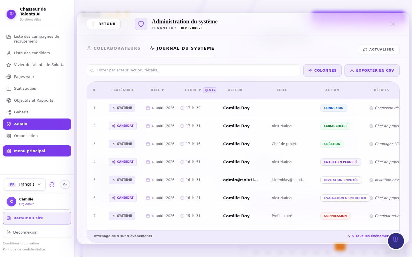 Journal du système — toutes les actions, avec numérotation, tri, colonnes personnalisables et export