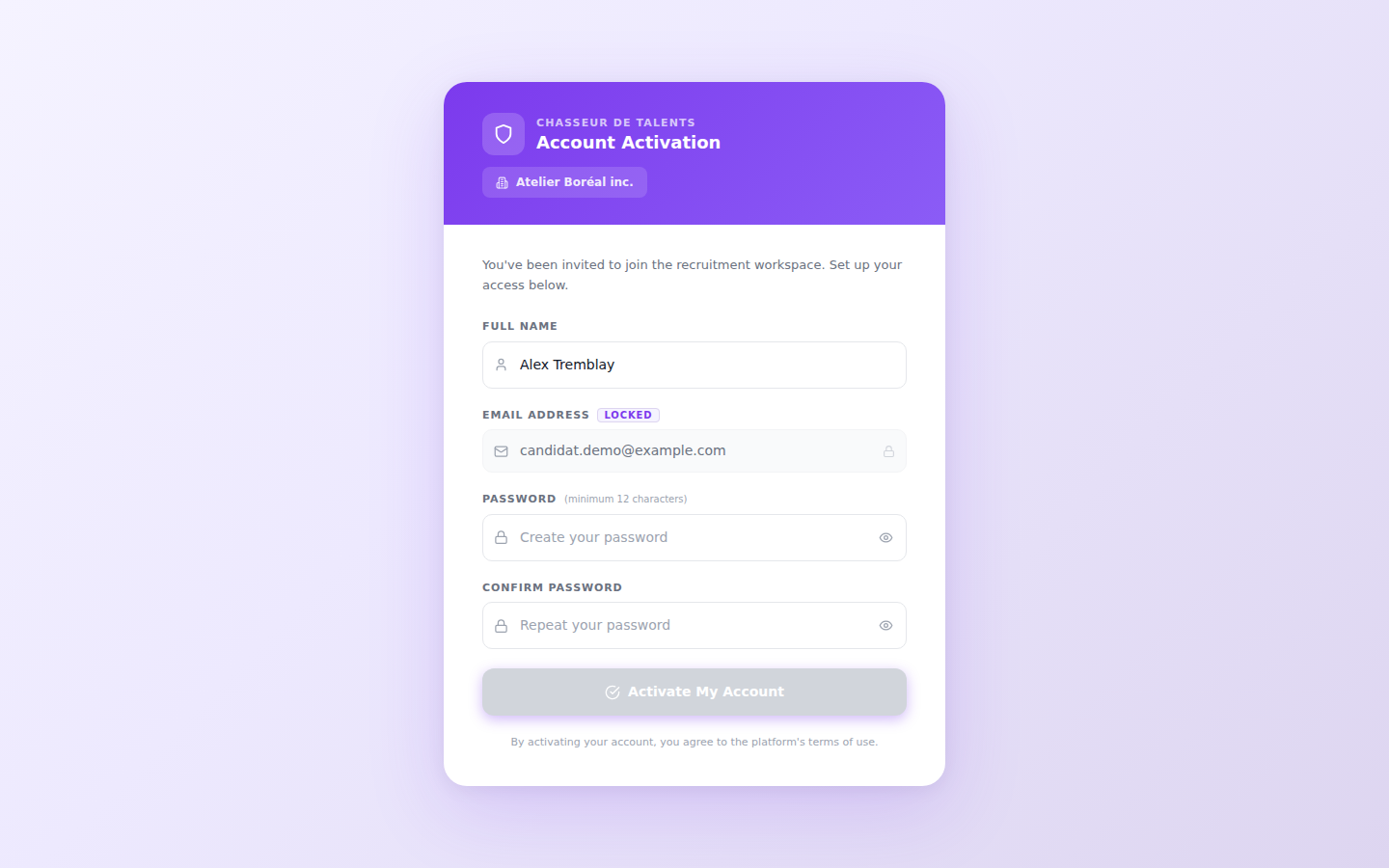 Account activation page for a newly invited member