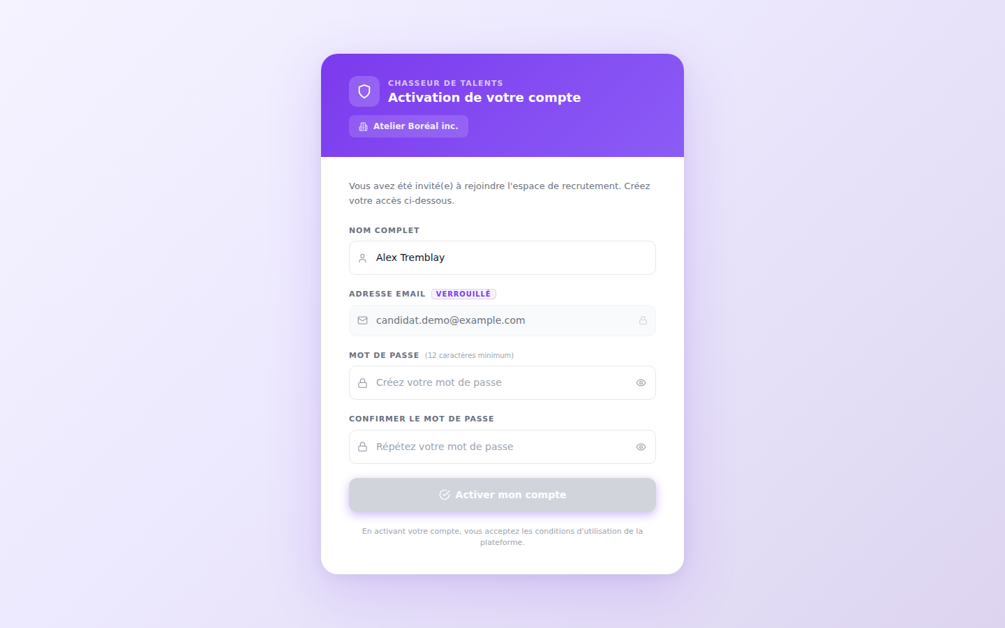 Page d’activation de compte pour un membre nouvellement invité
