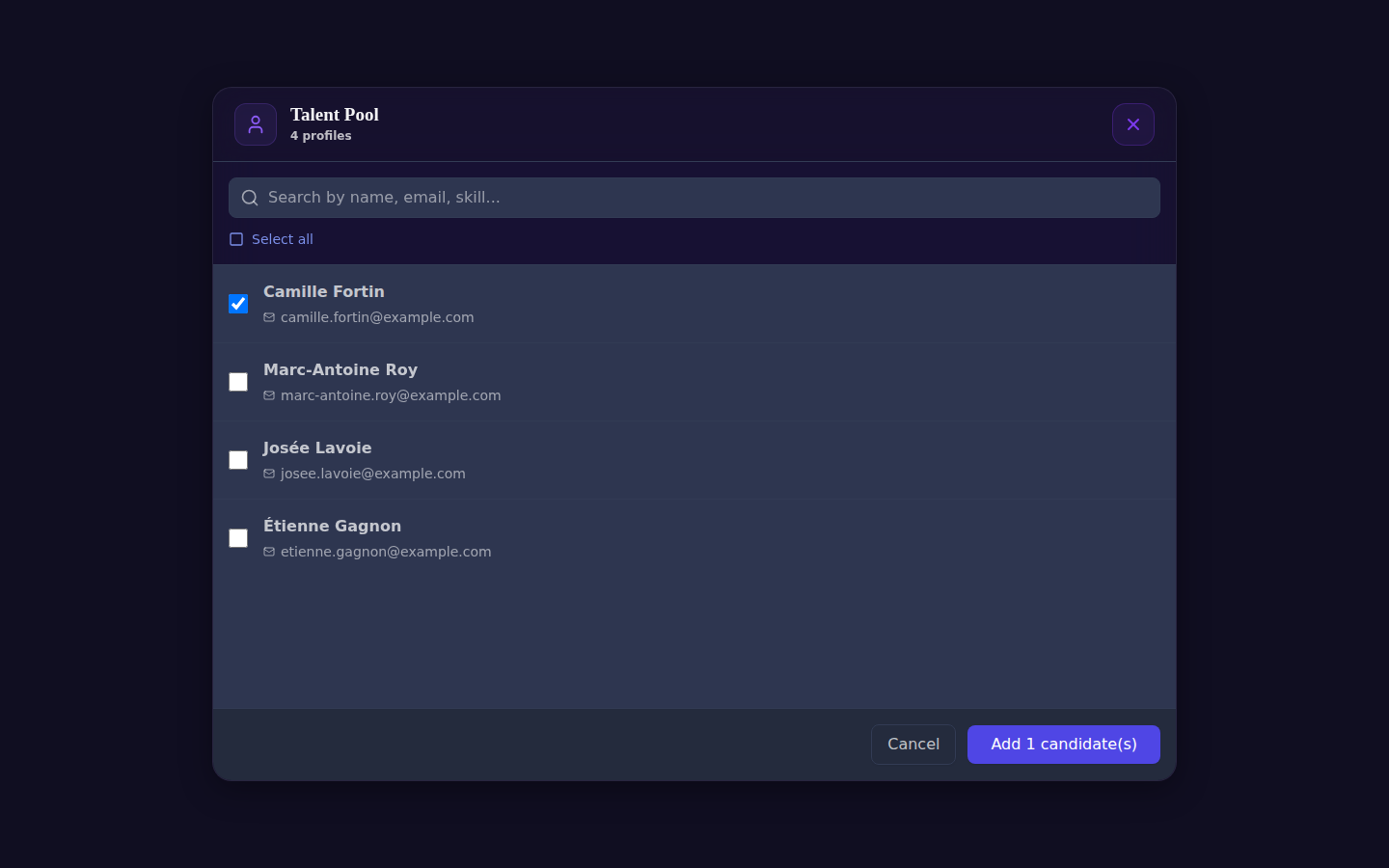 Talent pool — same window in dark mode
