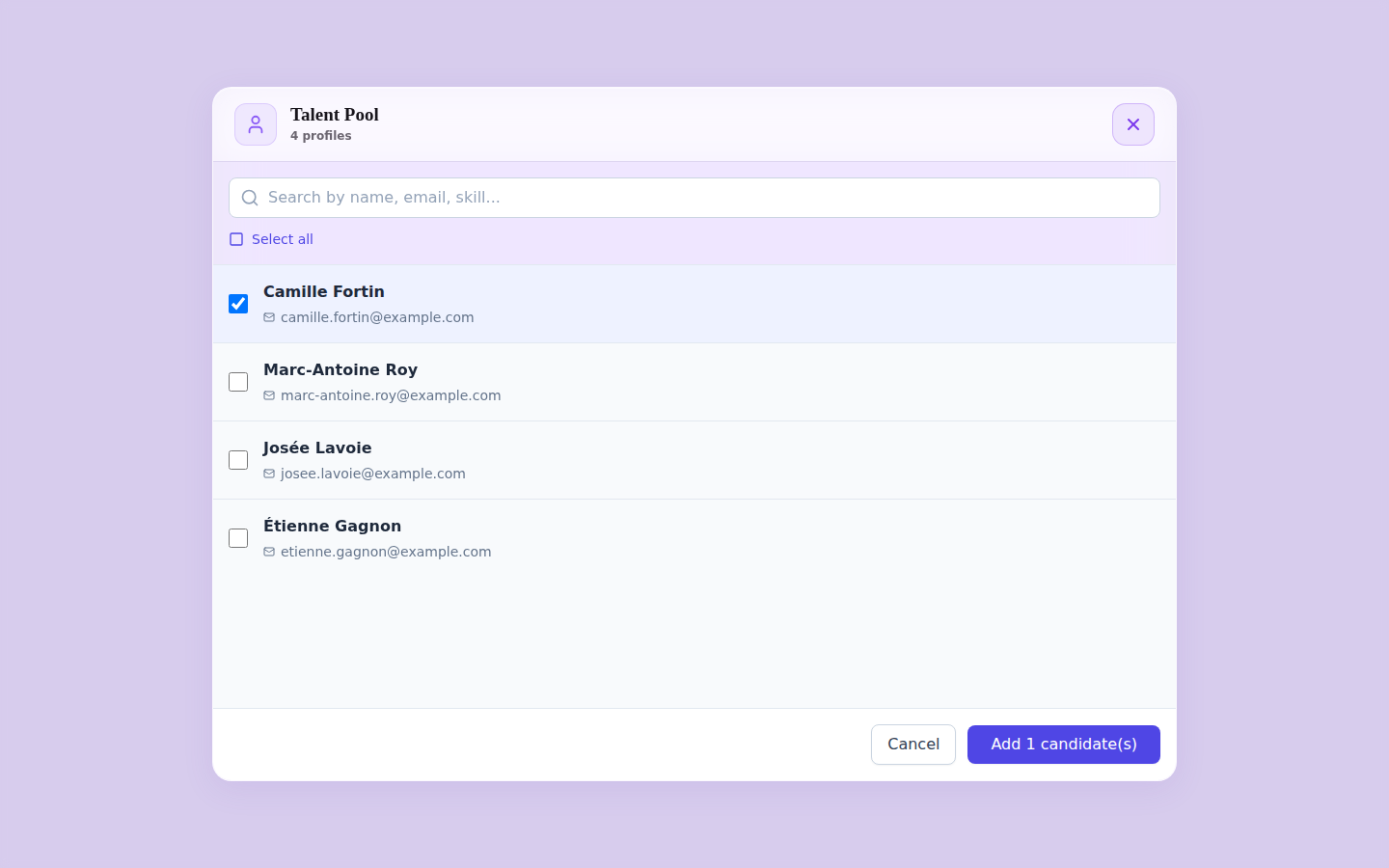 Talent pool — multi-campaign selection (light mode)