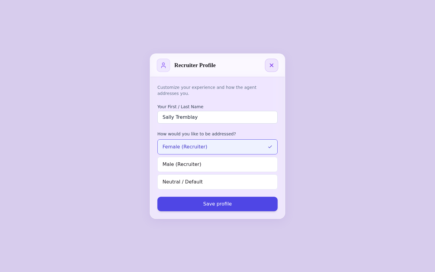 Recruiter profile — gender agreement preference for the AI assistant