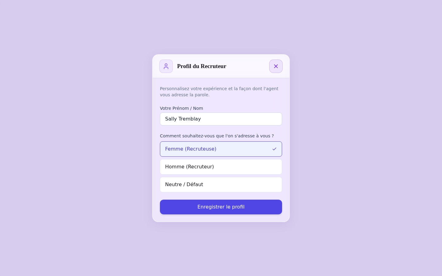 Profil du recruteur — préférence d’accord de genre pour l’assistant IA