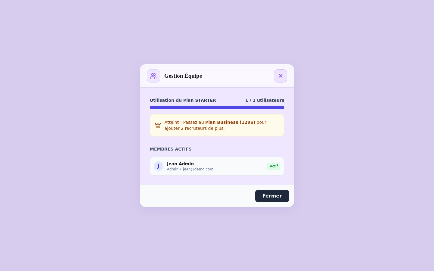 Gestion Équipe — offre Starter, quota atteint (message de mise à niveau visible)