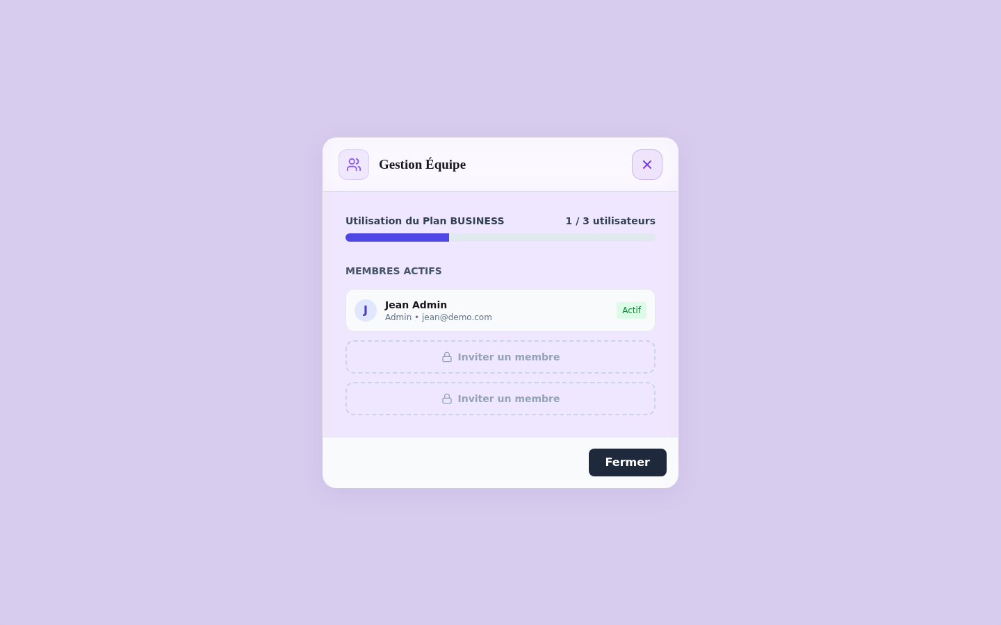 Gestion Équipe — offre Business, sièges supplémentaires disponibles