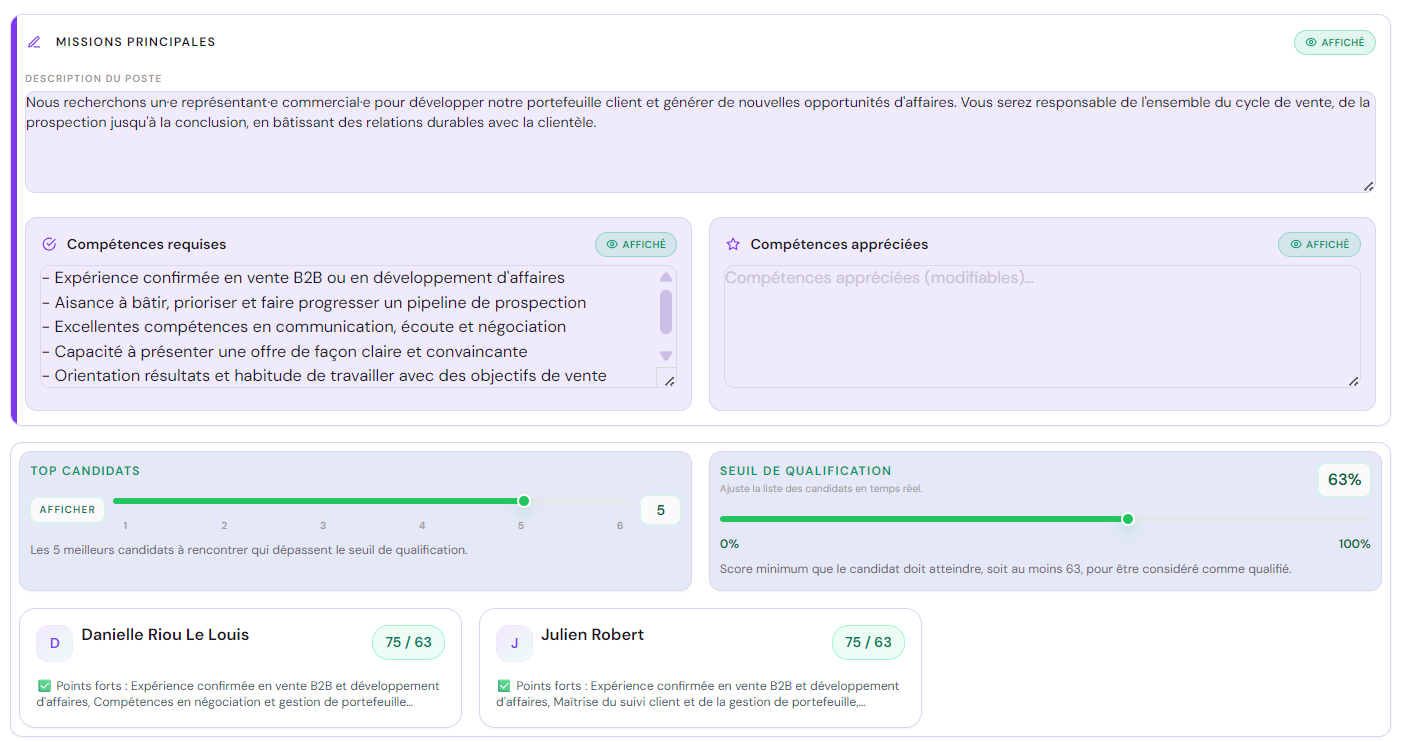 Fiche de poste avec seuil de qualification et classement automatique des meilleurs candidats