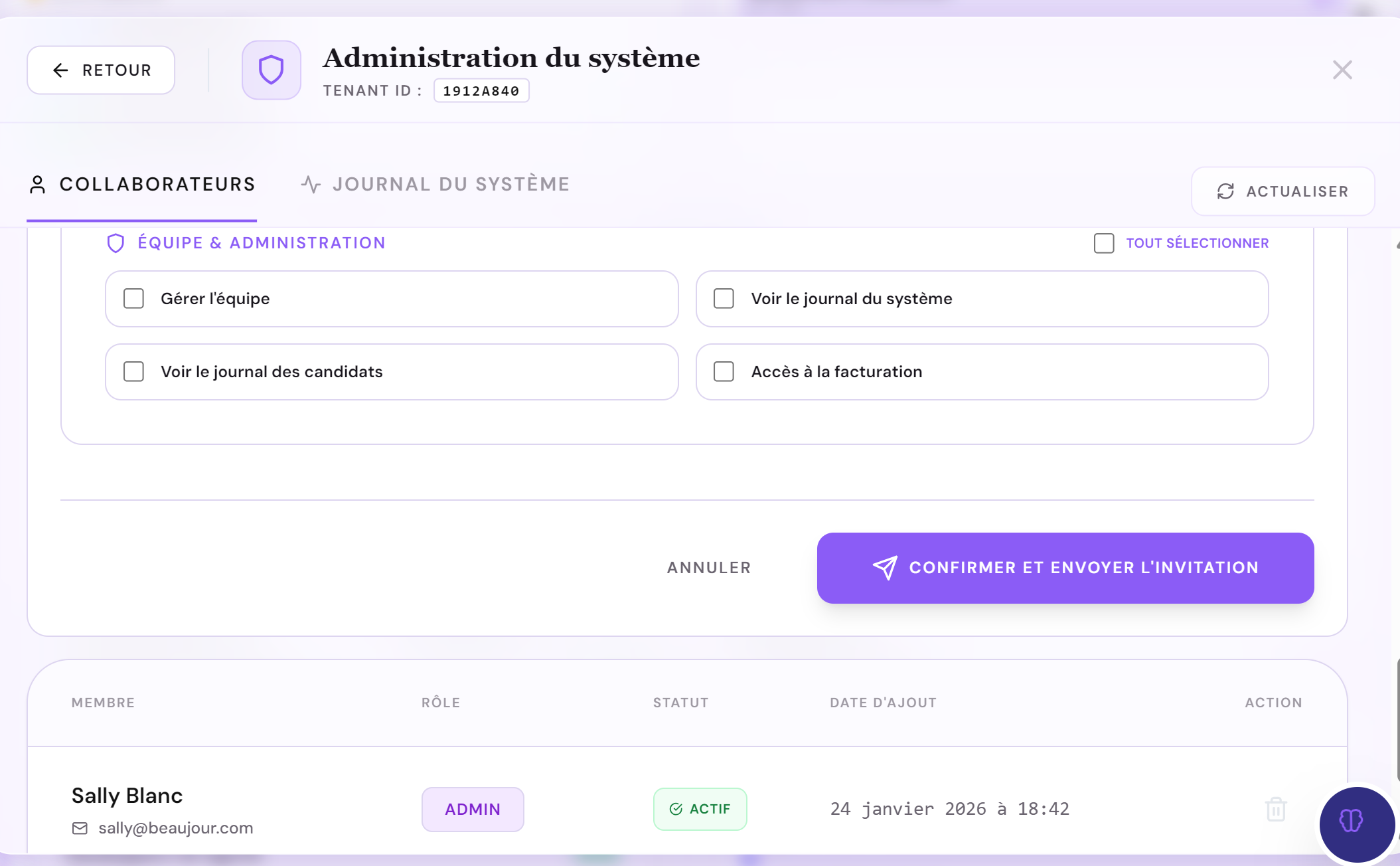 Fenêtre d’invitation d’un membre de l’équipe, avec les droits d’accès granulaires à cocher