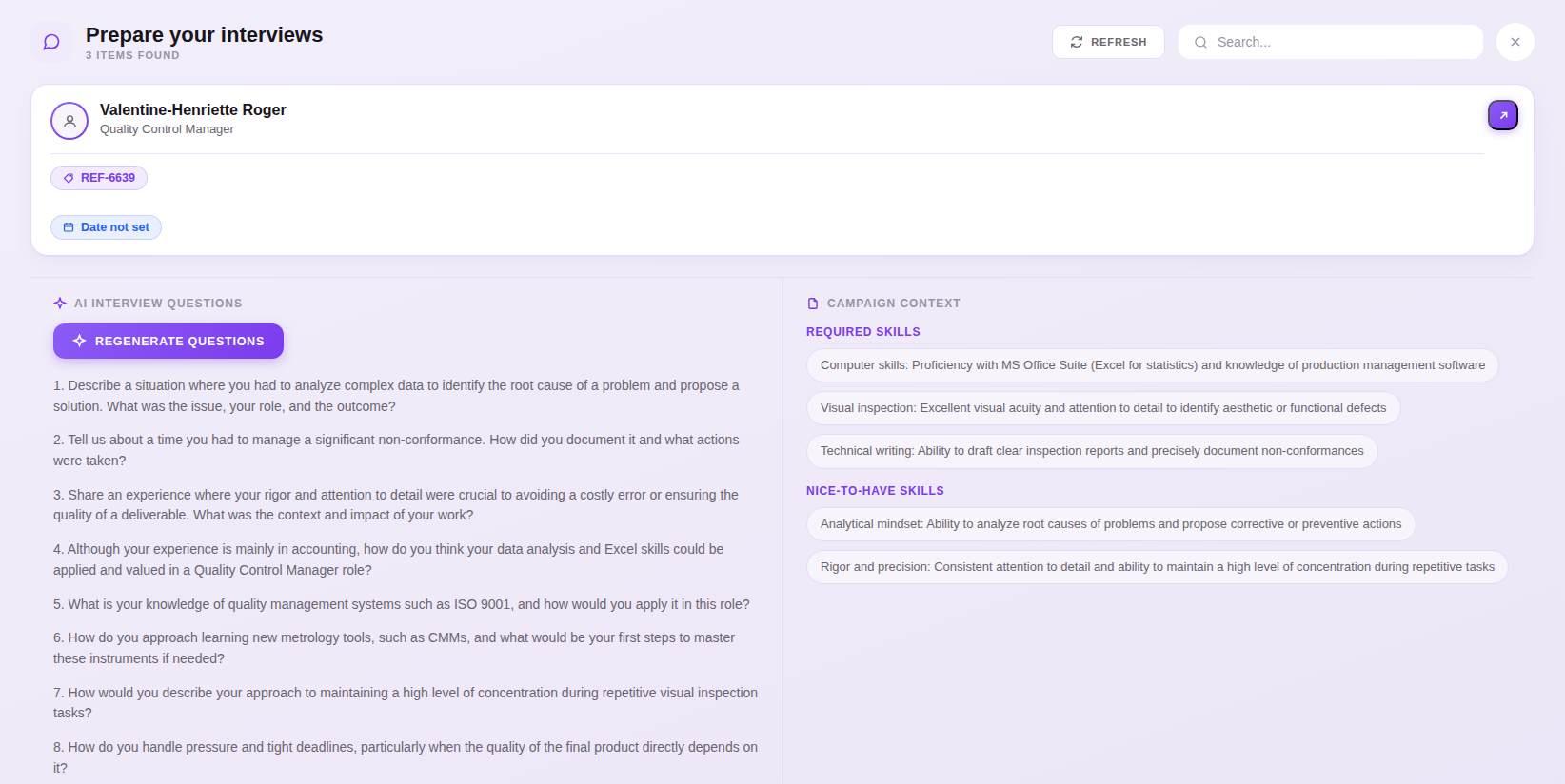 Prepare your interviews — generated questions and campaign context