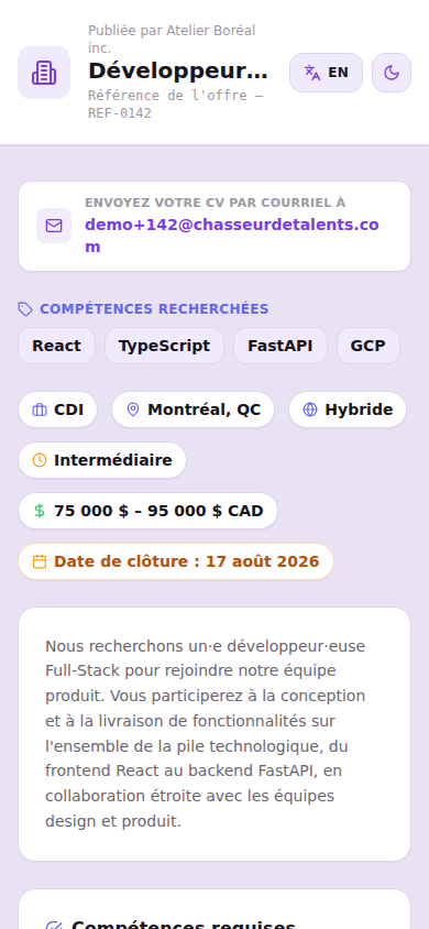 Page publique d’une offre d’emploi — mobile