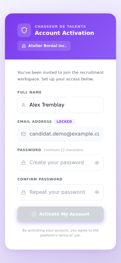 Account activation page — mobile