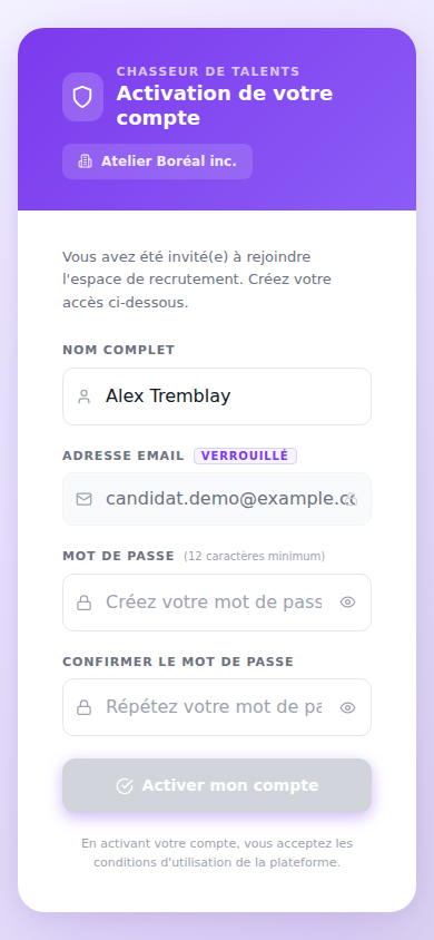 Page d’activation de compte — mobile