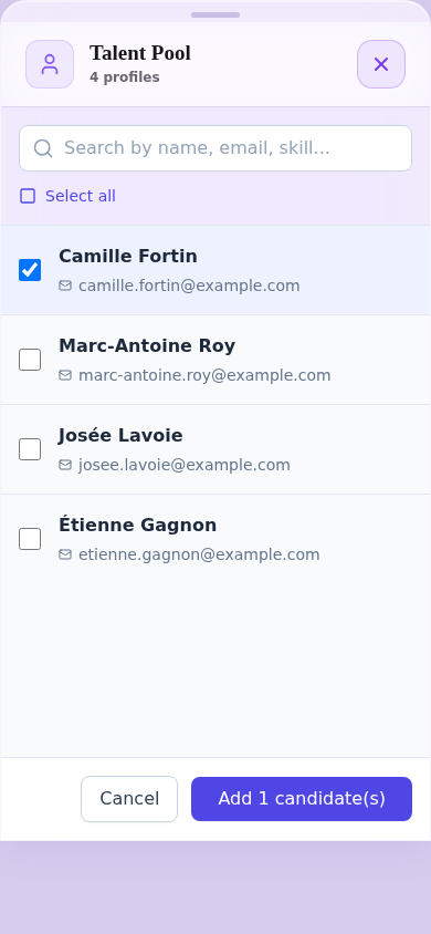 Talent pool — mobile bottom sheet