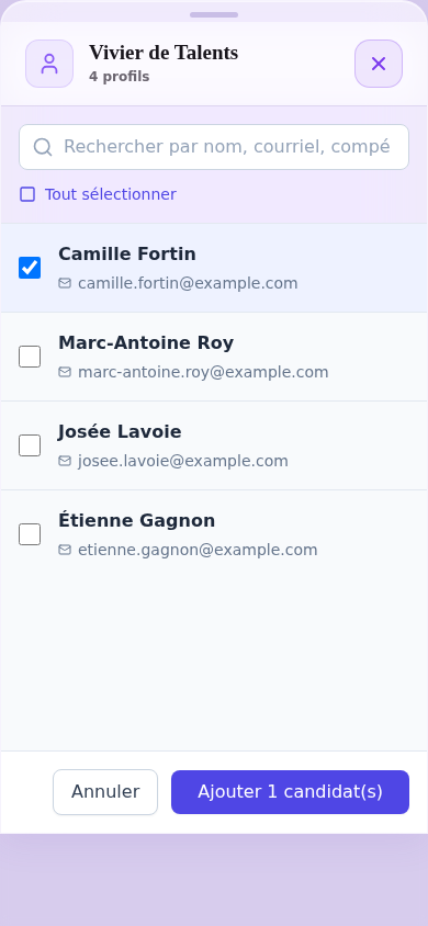 Vivier de talents — bottom sheet mobile